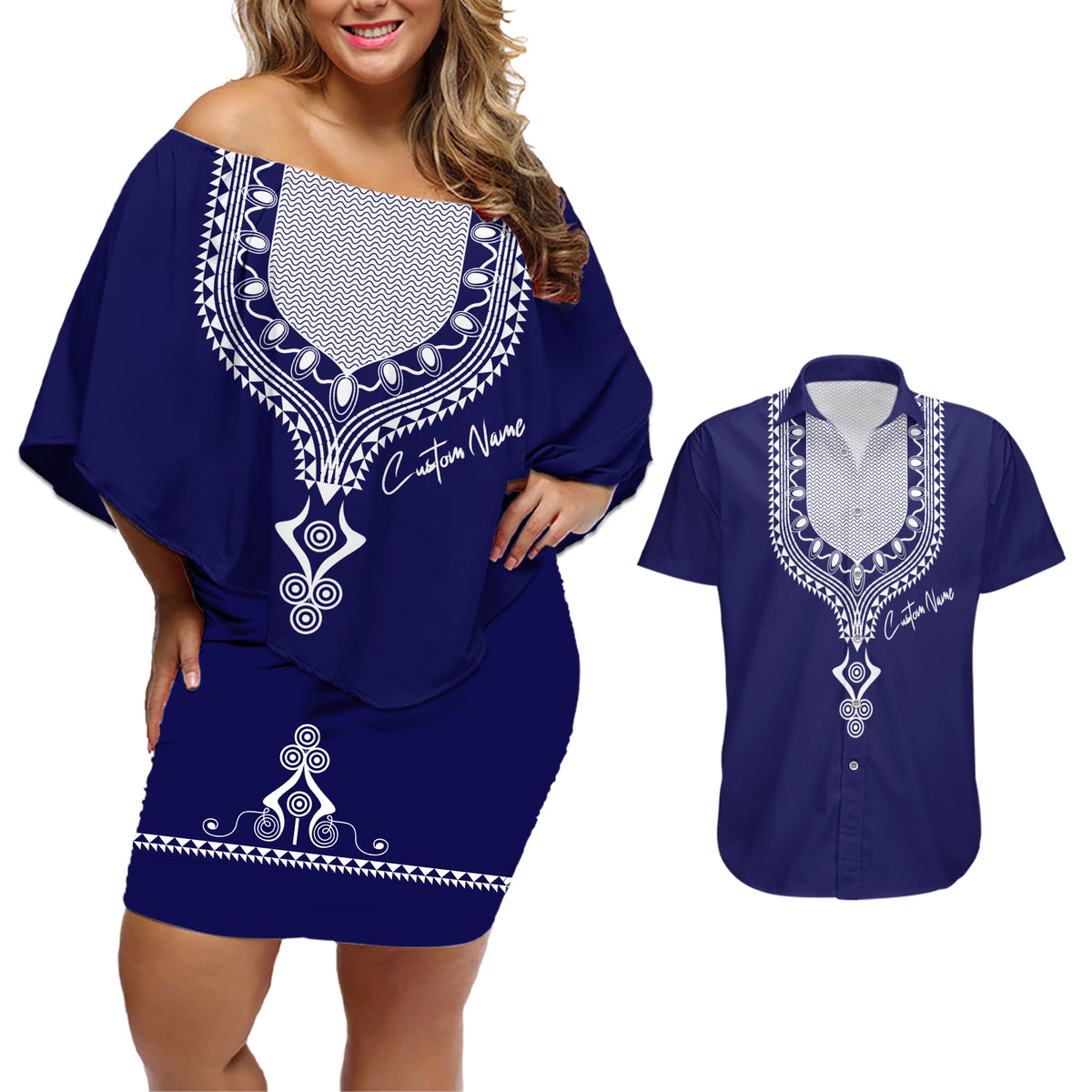 Printed Dashiki African Couples Matching Off Shoulder Short Dress and Hawaiian Shirt Blue - Wonder Print Shop