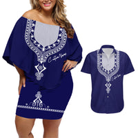 Printed Dashiki African Couples Matching Off Shoulder Short Dress and Hawaiian Shirt Blue - Wonder Print Shop