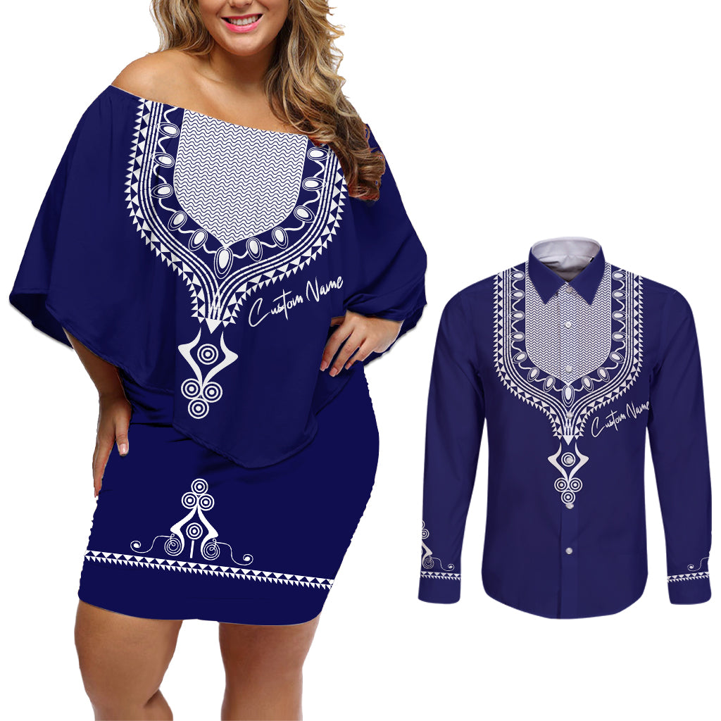Printed Dashiki African Couples Matching Off Shoulder Short Dress and Long Sleeve Button Shirt Blue - Wonder Print Shop