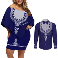 Printed Dashiki African Couples Matching Off Shoulder Short Dress and Long Sleeve Button Shirt Blue - Wonder Print Shop