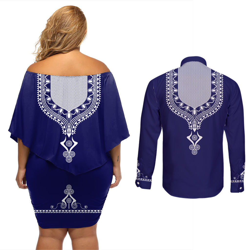 Printed Dashiki African Couples Matching Off Shoulder Short Dress and Long Sleeve Button Shirt Blue - Wonder Print Shop
