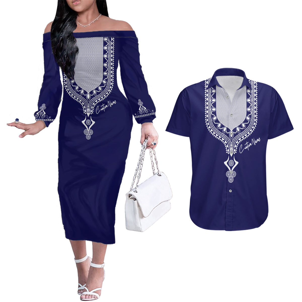 Printed Dashiki African Couples Matching Off The Shoulder Long Sleeve Dress and Hawaiian Shirt Blue - Wonder Print Shop