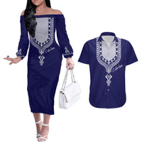 Printed Dashiki African Couples Matching Off The Shoulder Long Sleeve Dress and Hawaiian Shirt Blue - Wonder Print Shop