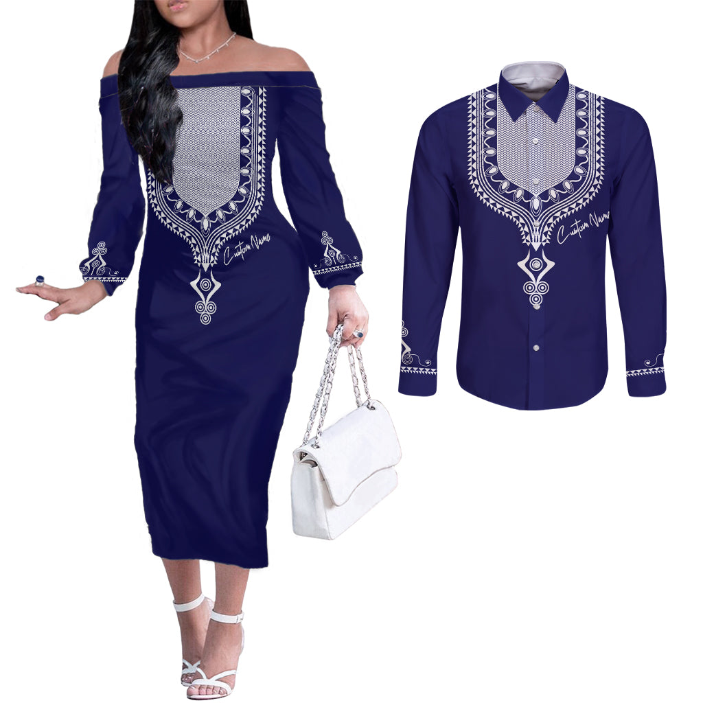 Printed Dashiki African Couples Matching Off The Shoulder Long Sleeve Dress and Long Sleeve Button Shirt Blue