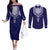 Printed Dashiki African Couples Matching Off The Shoulder Long Sleeve Dress and Long Sleeve Button Shirt Blue