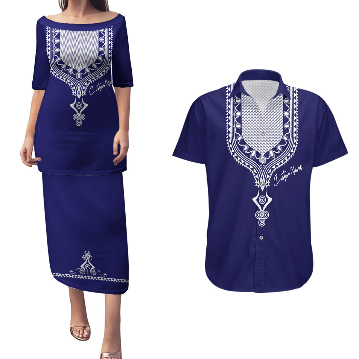 Printed Dashiki African Couples Matching Puletasi and Hawaiian Shirt Blue - Wonder Print Shop