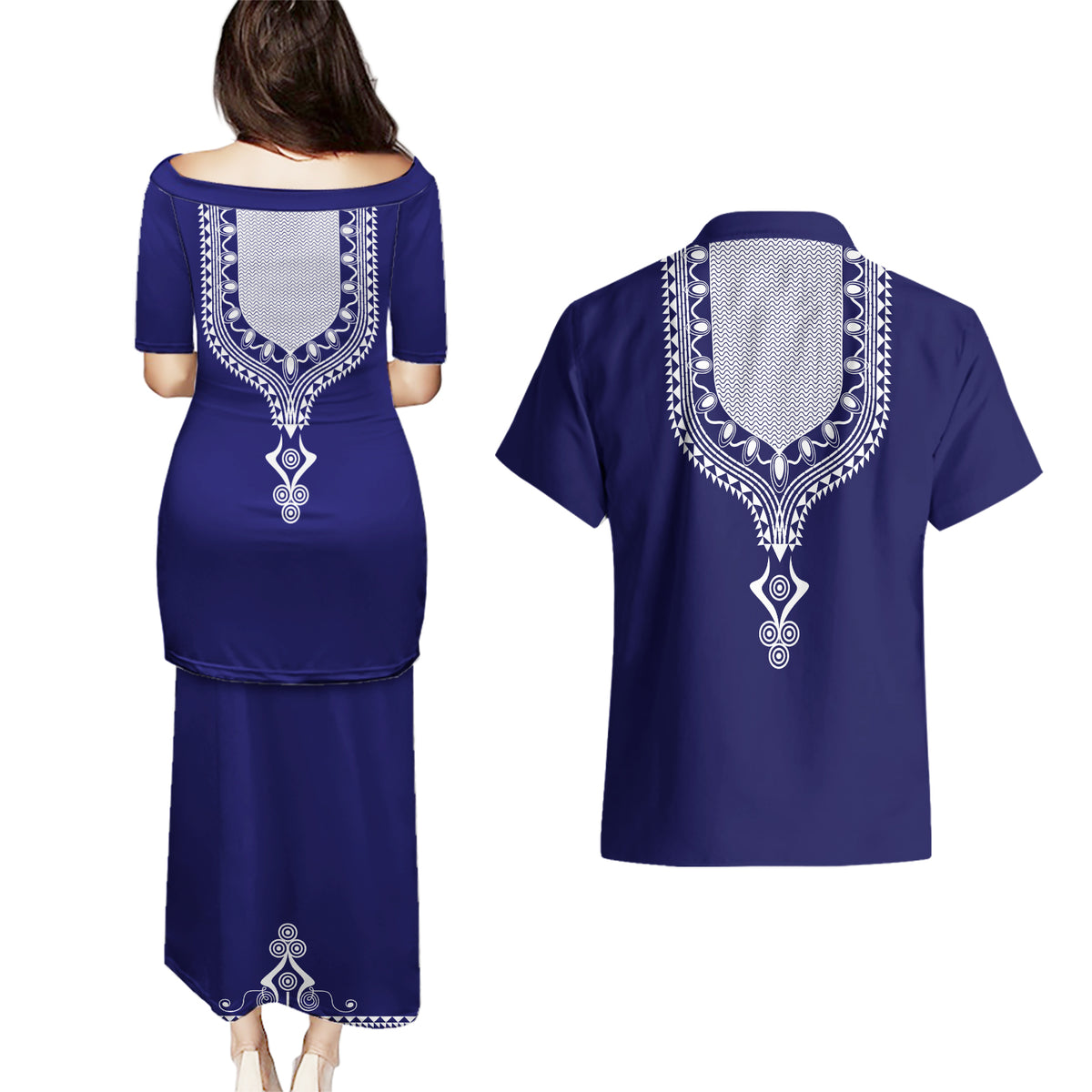 Printed Dashiki African Couples Matching Puletasi and Hawaiian Shirt Blue - Wonder Print Shop