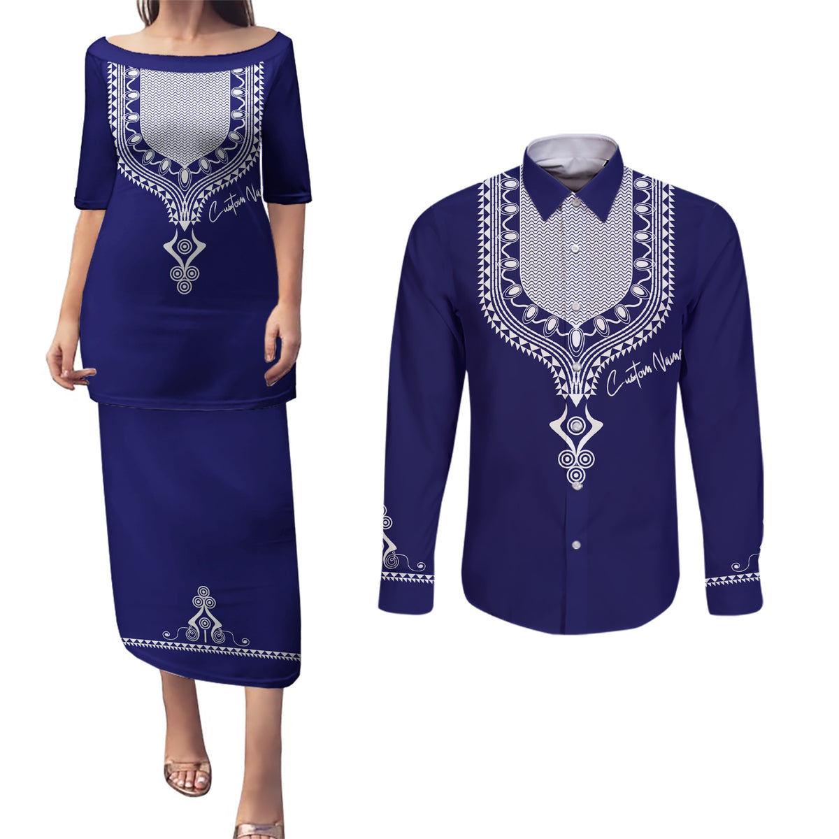 Printed Dashiki African Couples Matching Puletasi and Long Sleeve Button Shirt Blue - Wonder Print Shop