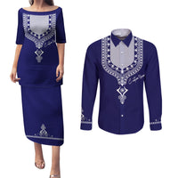 Printed Dashiki African Couples Matching Puletasi and Long Sleeve Button Shirt Blue - Wonder Print Shop