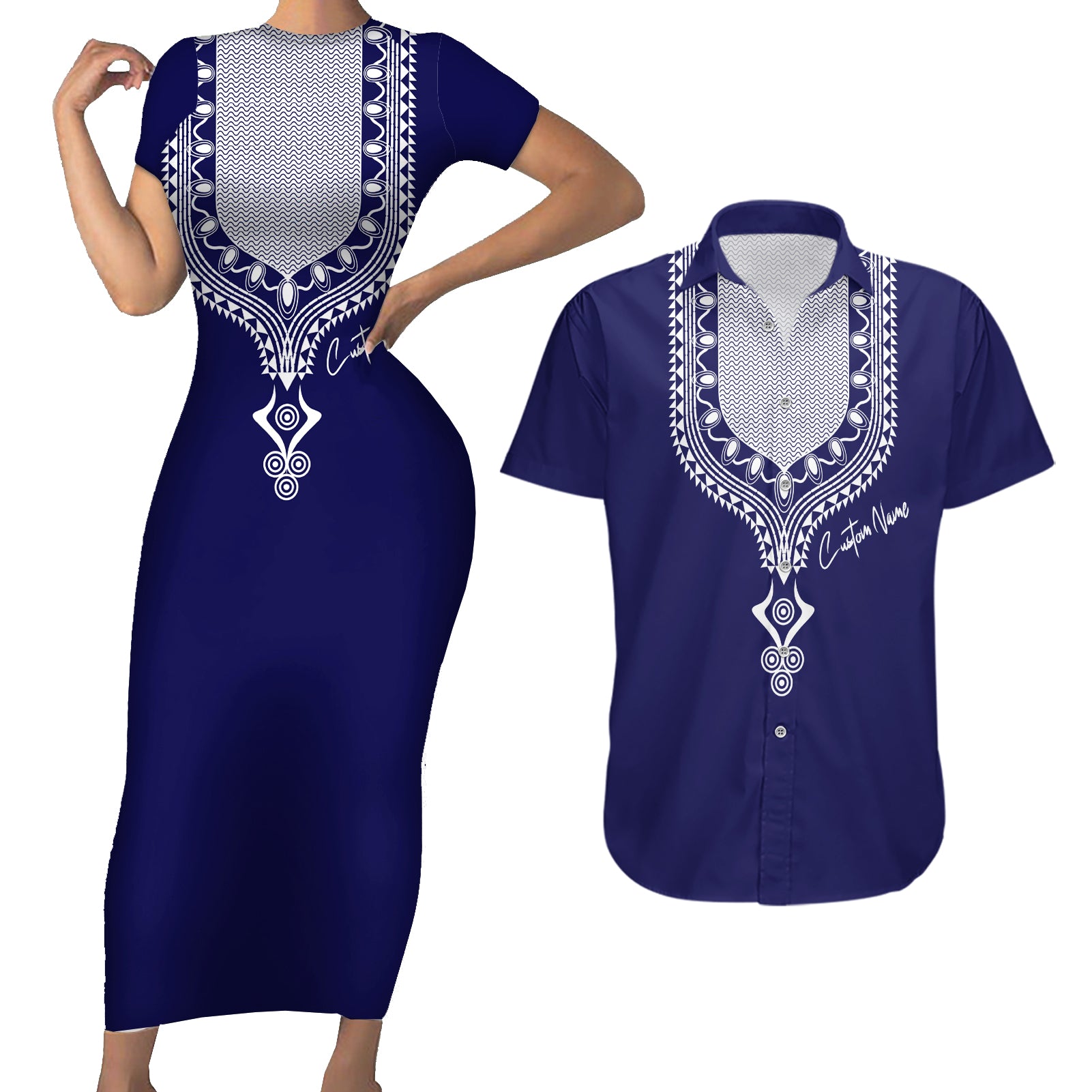 Printed Dashiki African Couples Matching Short Sleeve Bodycon Dress and Hawaiian Shirt Blue - Wonder Print Shop