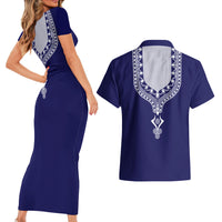 Printed Dashiki African Couples Matching Short Sleeve Bodycon Dress and Hawaiian Shirt Blue - Wonder Print Shop