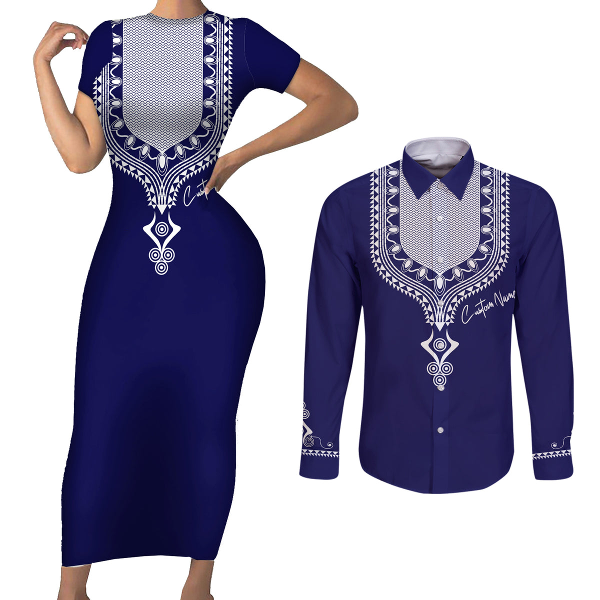 Printed Dashiki African Couples Matching Short Sleeve Bodycon Dress and Long Sleeve Button Shirt Blue - Wonder Print Shop