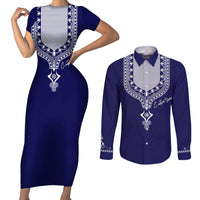 Printed Dashiki African Couples Matching Short Sleeve Bodycon Dress and Long Sleeve Button Shirt Blue - Wonder Print Shop
