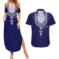 Printed Dashiki African Couples Matching Summer Maxi Dress and Hawaiian Shirt Blue - Wonder Print Shop