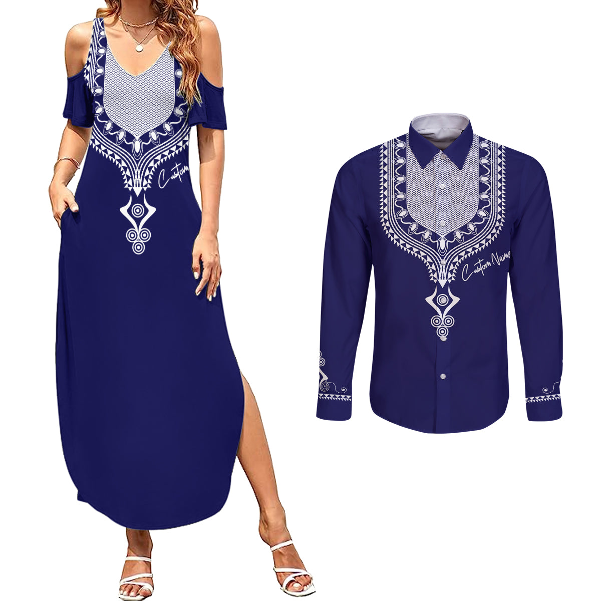 Printed Dashiki African Couples Matching Summer Maxi Dress and Long Sleeve Button Shirt Blue - Wonder Print Shop
