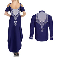 Printed Dashiki African Couples Matching Summer Maxi Dress and Long Sleeve Button Shirt Blue - Wonder Print Shop