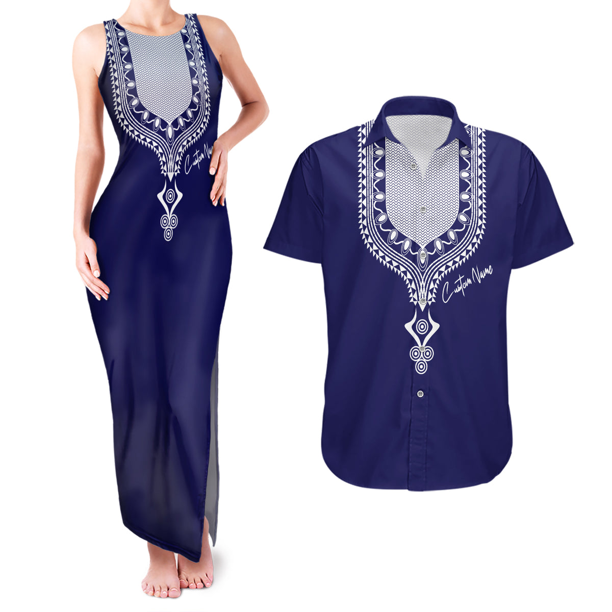 Printed Dashiki African Couples Matching Tank Maxi Dress and Hawaiian Shirt Blue - Wonder Print Shop