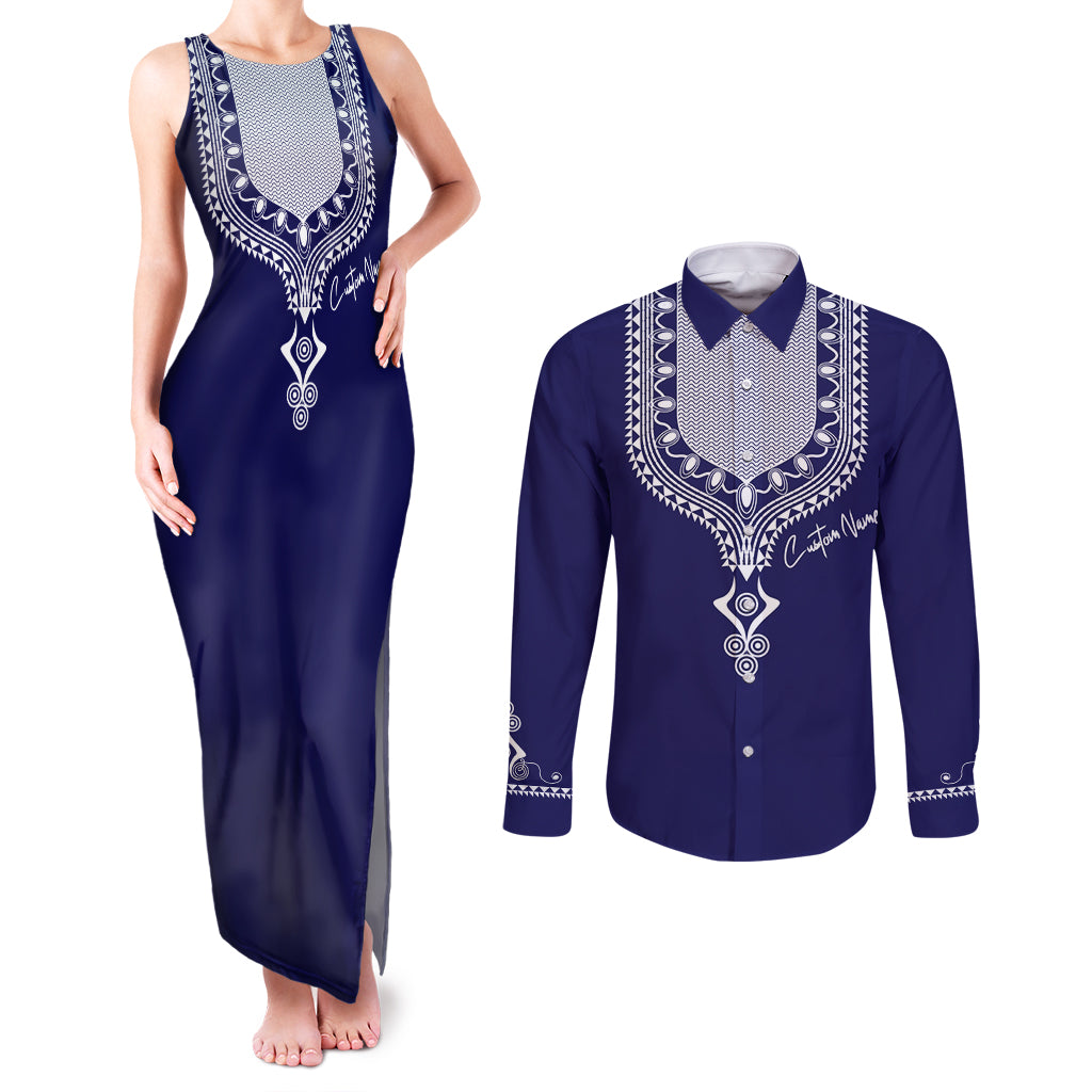 Printed Dashiki African Couples Matching Tank Maxi Dress and Long Sleeve Button Shirt Blue - Wonder Print Shop