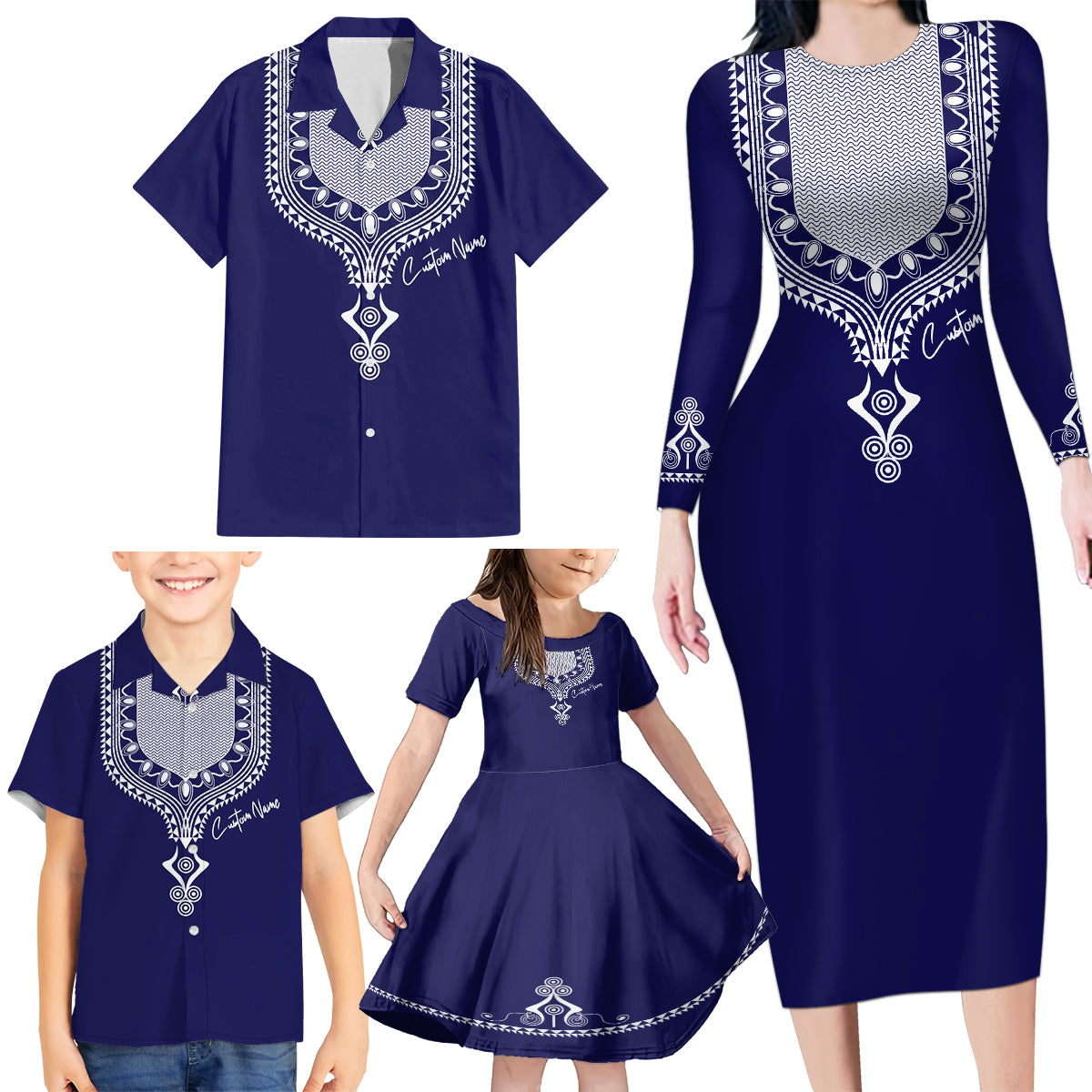 Printed Dashiki African Family Matching Long Sleeve Bodycon Dress and Hawaiian Shirt Blue - Wonder Print Shop