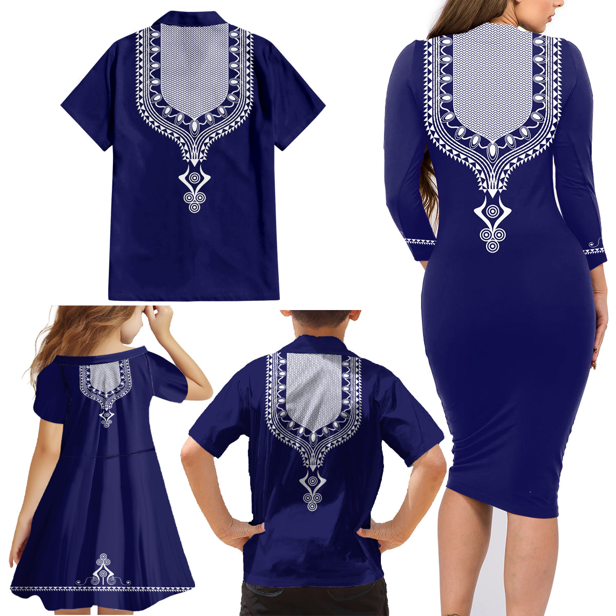 Printed Dashiki African Family Matching Long Sleeve Bodycon Dress and Hawaiian Shirt Blue - Wonder Print Shop