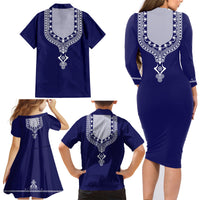 Printed Dashiki African Family Matching Long Sleeve Bodycon Dress and Hawaiian Shirt Blue - Wonder Print Shop