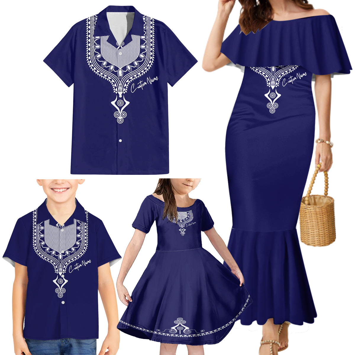 Printed Dashiki African Family Matching Mermaid Dress and Hawaiian Shirt Blue - Wonder Print Shop
