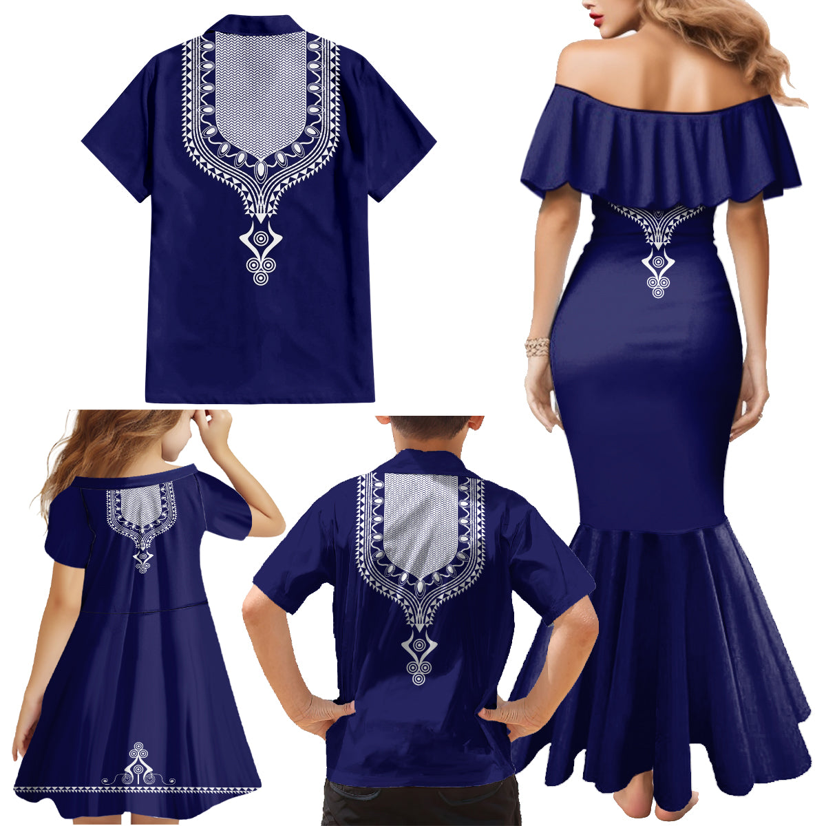 Printed Dashiki African Family Matching Mermaid Dress and Hawaiian Shirt Blue - Wonder Print Shop