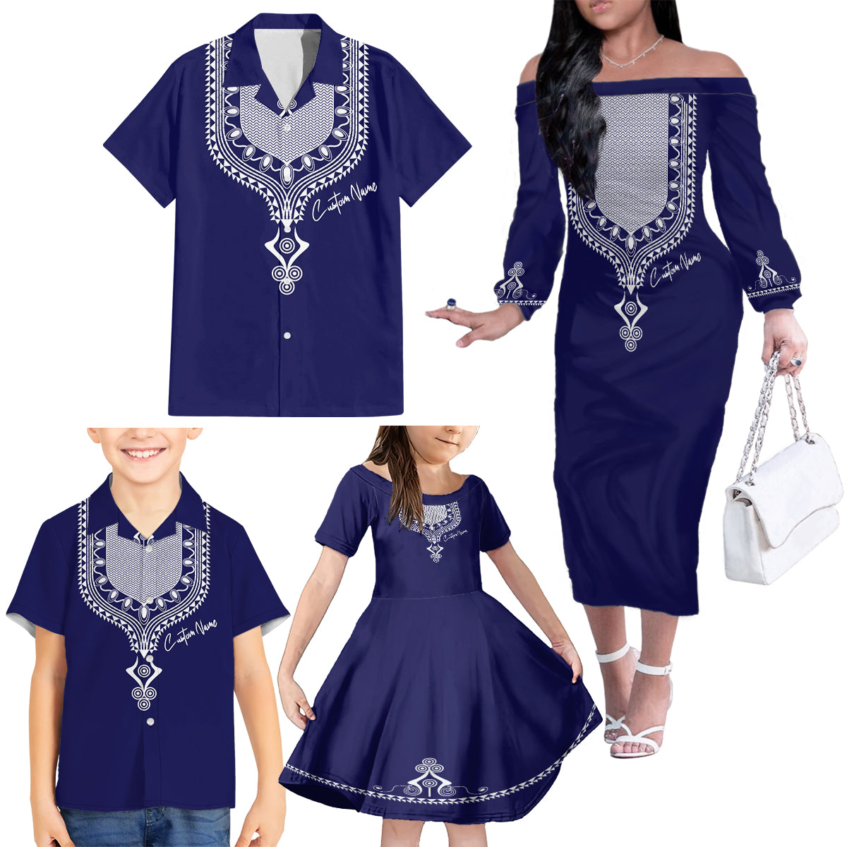 Printed Dashiki African Family Matching Off Shoulder Long Sleeve Dress and Hawaiian Shirt Blue - Wonder Print Shop