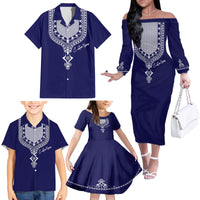 Printed Dashiki African Family Matching Off Shoulder Long Sleeve Dress and Hawaiian Shirt Blue - Wonder Print Shop