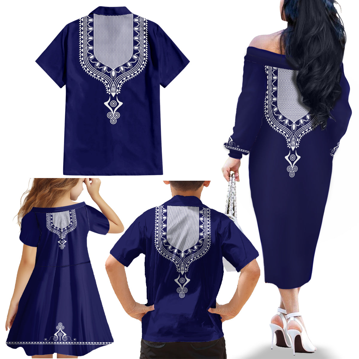 Printed Dashiki African Family Matching Off Shoulder Long Sleeve Dress and Hawaiian Shirt Blue - Wonder Print Shop