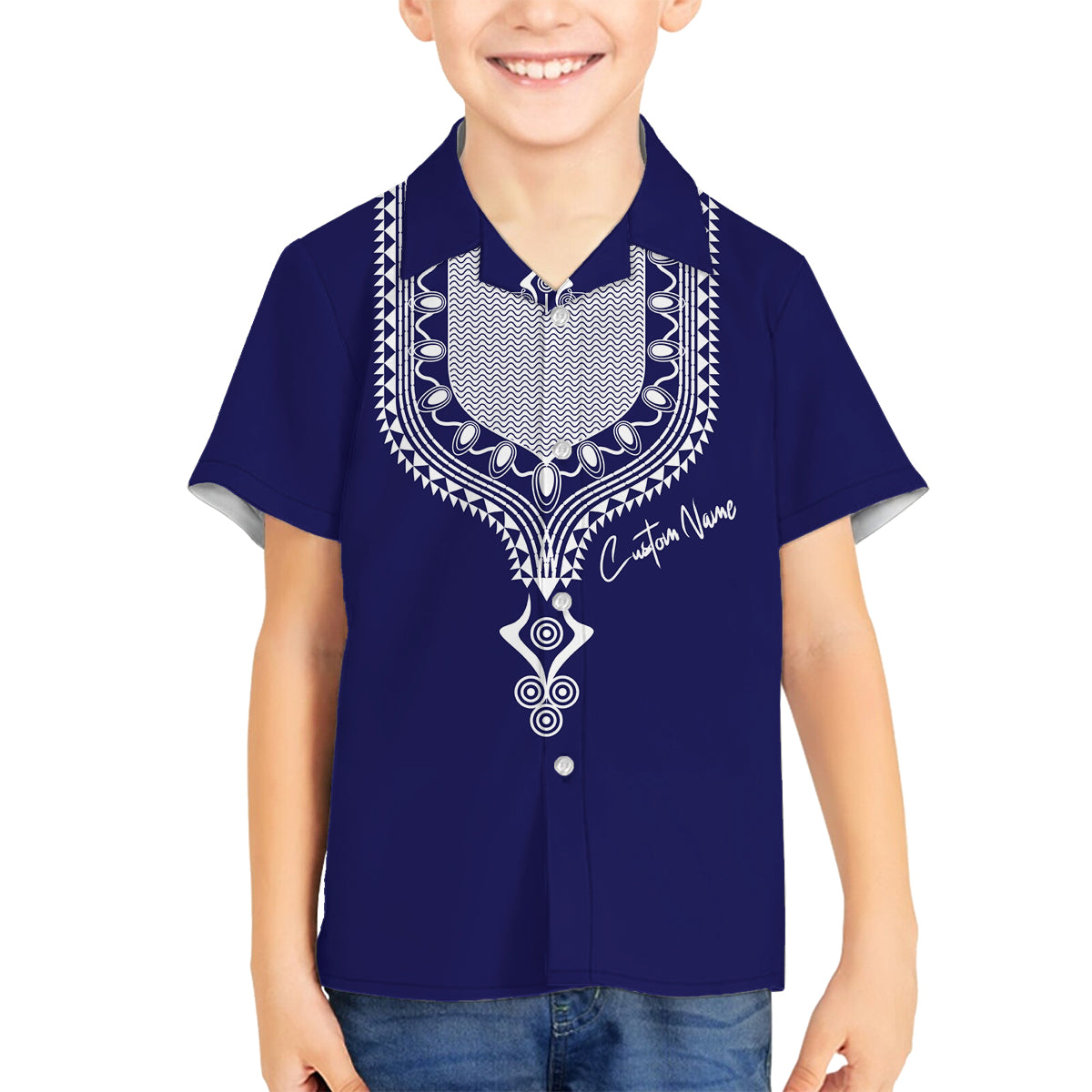 Printed Dashiki African Family Matching Off Shoulder Long Sleeve Dress and Hawaiian Shirt Blue - Wonder Print Shop