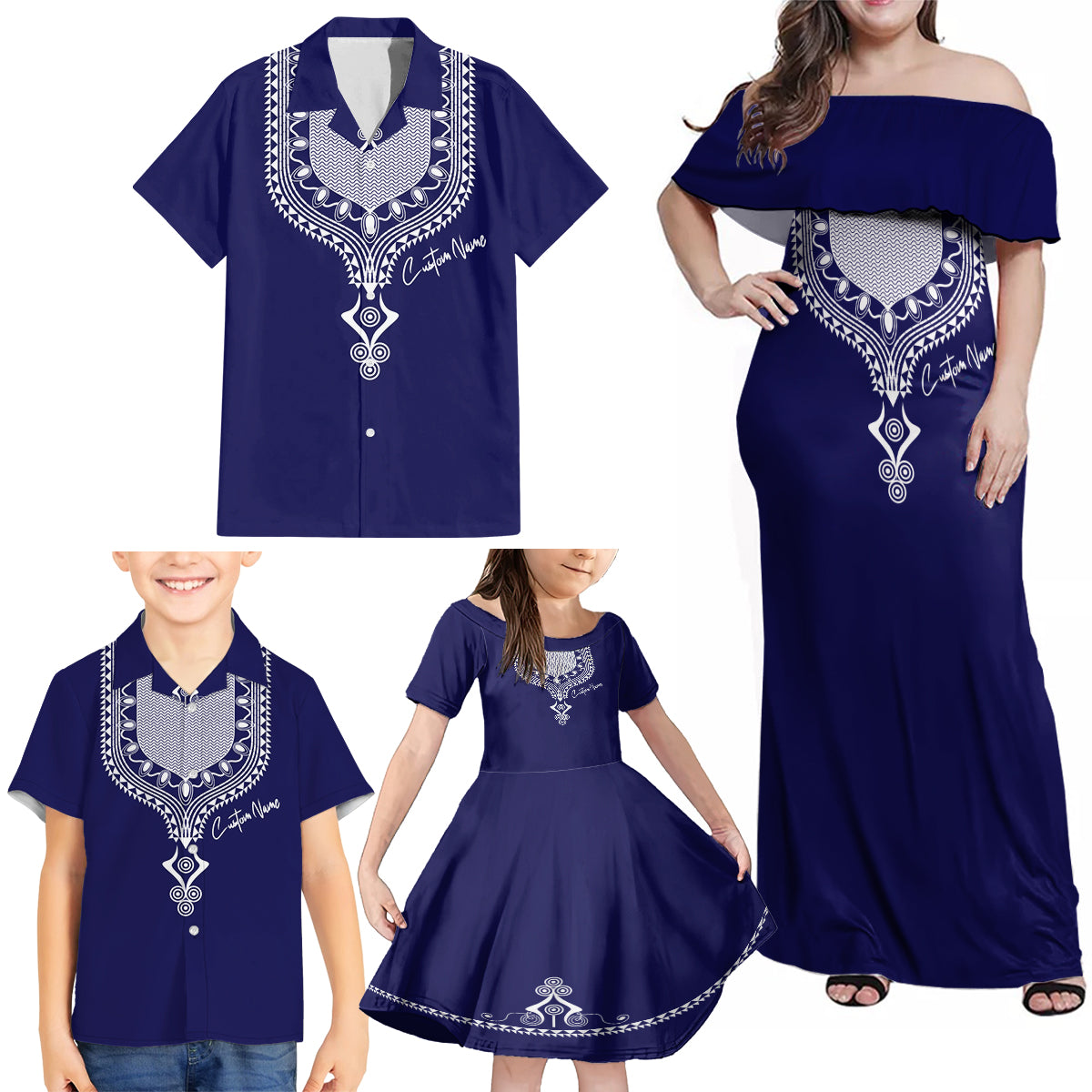 Printed Dashiki African Family Matching Off Shoulder Maxi Dress and Hawaiian Shirt Blue - Wonder Print Shop