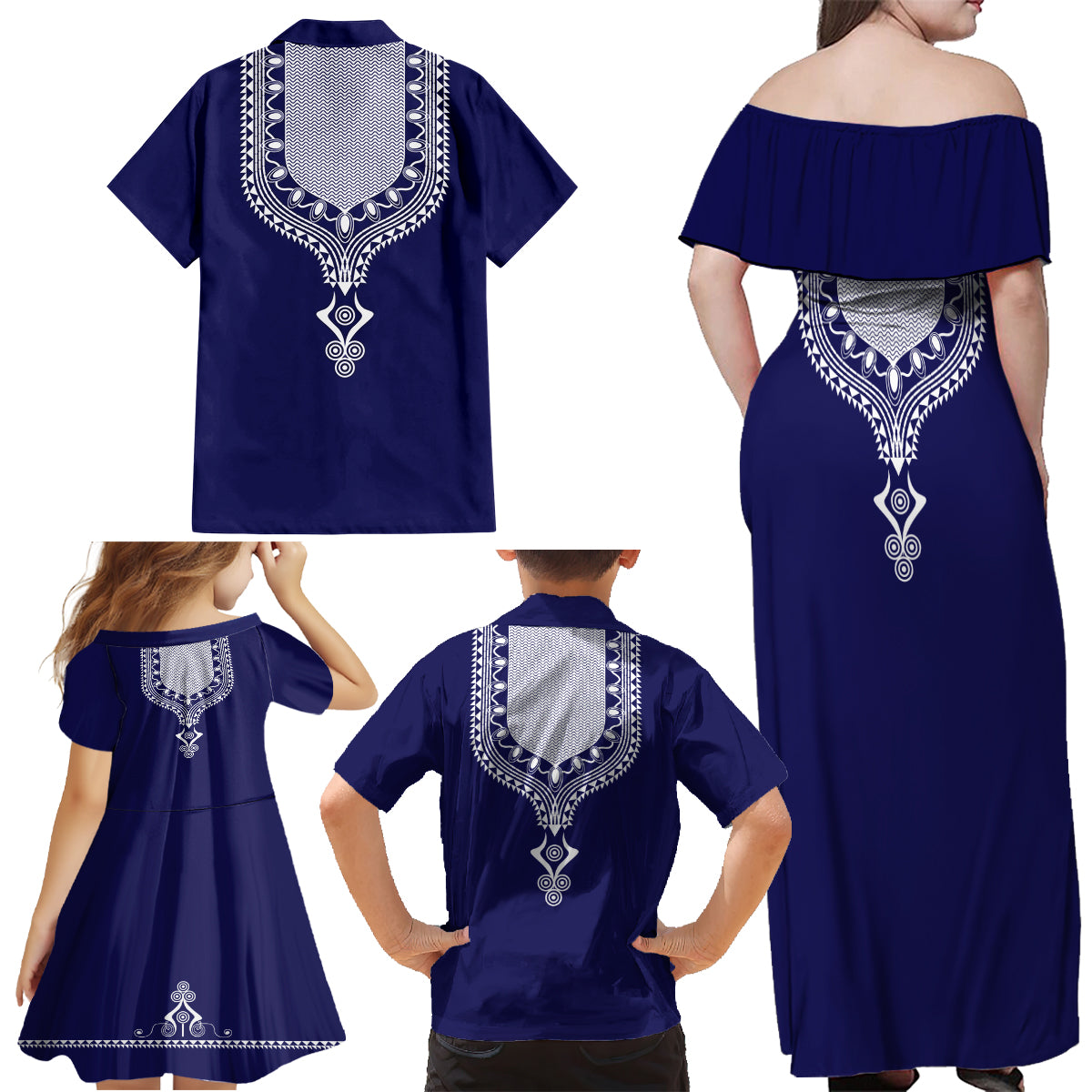 Printed Dashiki African Family Matching Off Shoulder Maxi Dress and Hawaiian Shirt Blue - Wonder Print Shop