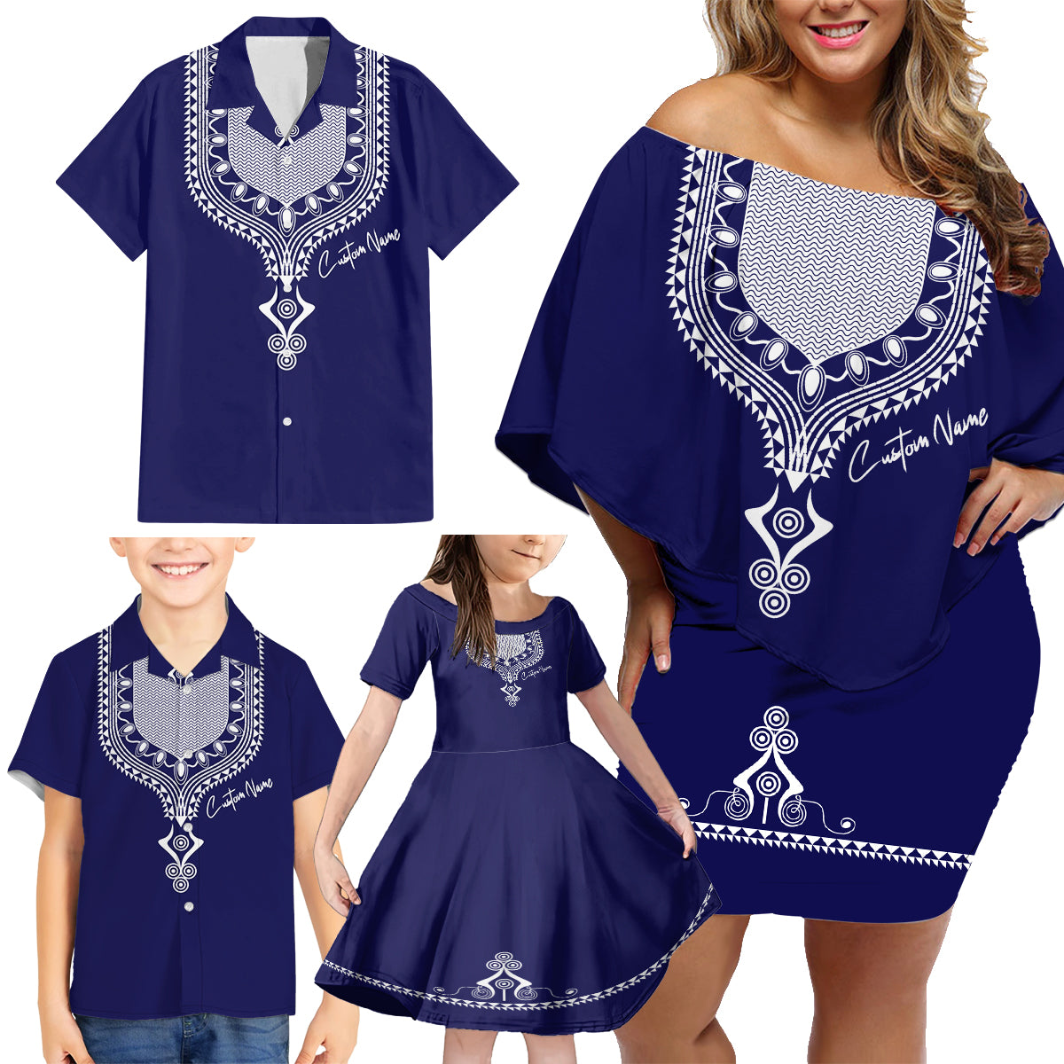 Printed Dashiki African Family Matching Off Shoulder Short Dress and Hawaiian Shirt Blue - Wonder Print Shop