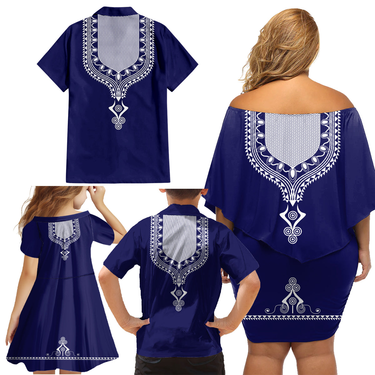 Printed Dashiki African Family Matching Off Shoulder Short Dress and Hawaiian Shirt Blue - Wonder Print Shop