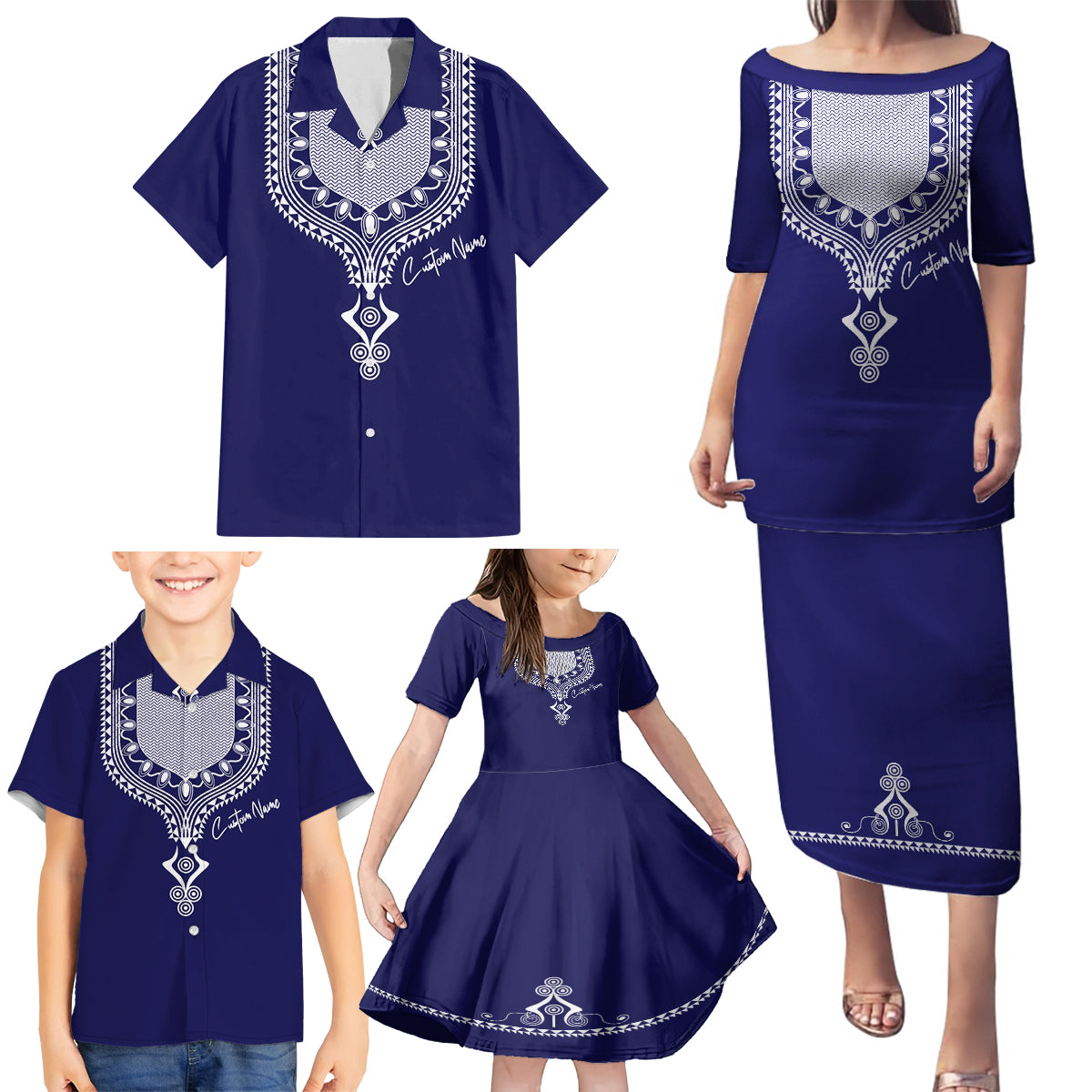 Printed Dashiki African Family Matching Puletasi and Hawaiian Shirt Blue - Wonder Print Shop