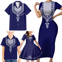 Printed Dashiki African Family Matching Short Sleeve Bodycon Dress and Hawaiian Shirt Blue - Wonder Print Shop