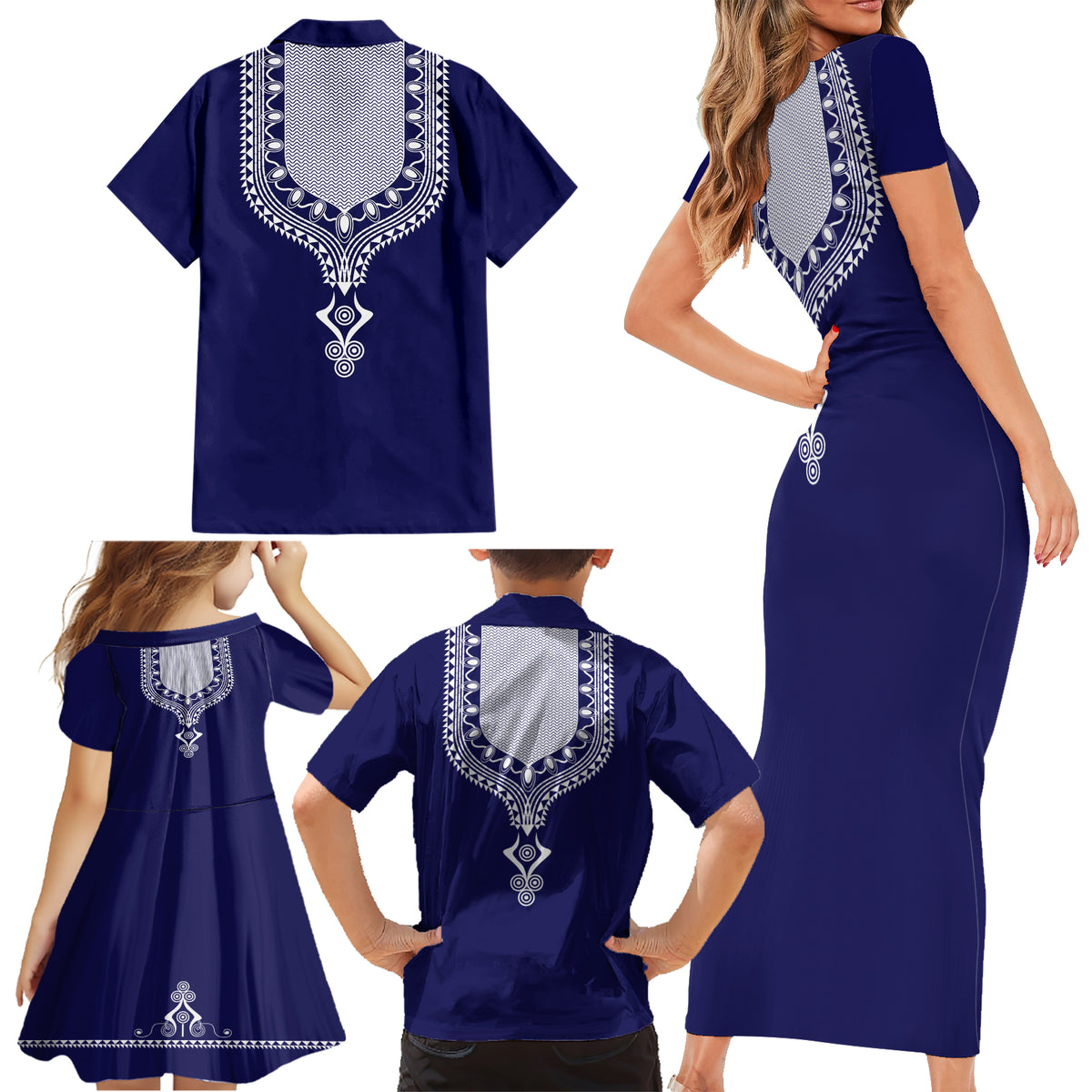 Printed Dashiki African Family Matching Short Sleeve Bodycon Dress and Hawaiian Shirt Blue - Wonder Print Shop