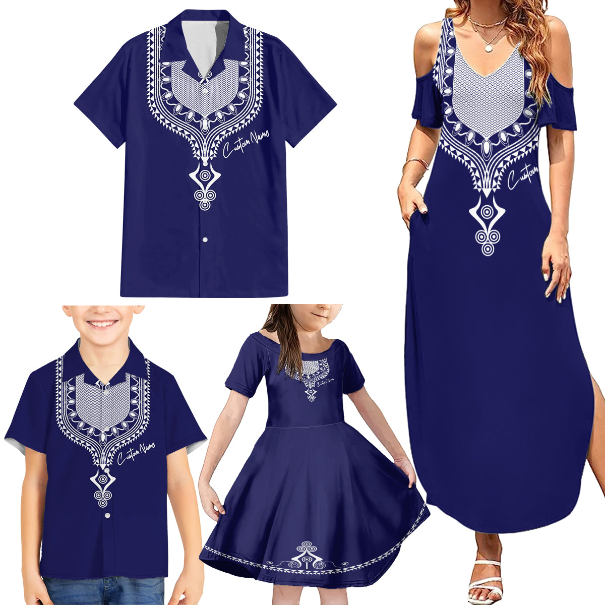 Printed Dashiki African Family Matching Summer Maxi Dress and Hawaiian Shirt Blue - Wonder Print Shop