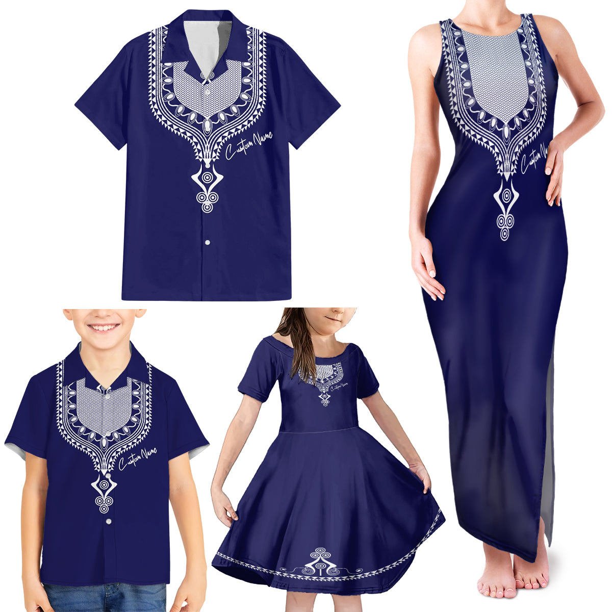 Printed Dashiki African Family Matching Tank Maxi Dress and Hawaiian Shirt Blue - Wonder Print Shop