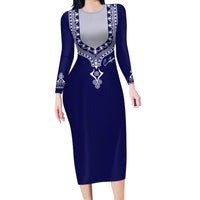 Printed Dashiki African Long Sleeve Bodycon Dress Blue - Wonder Print Shop