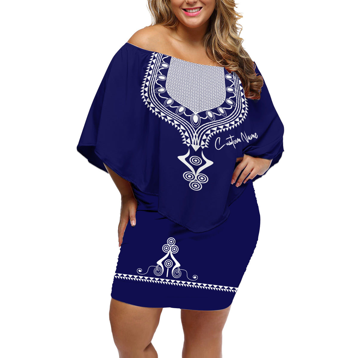 Printed Dashiki African Off Shoulder Short Dress Blue - Wonder Print Shop