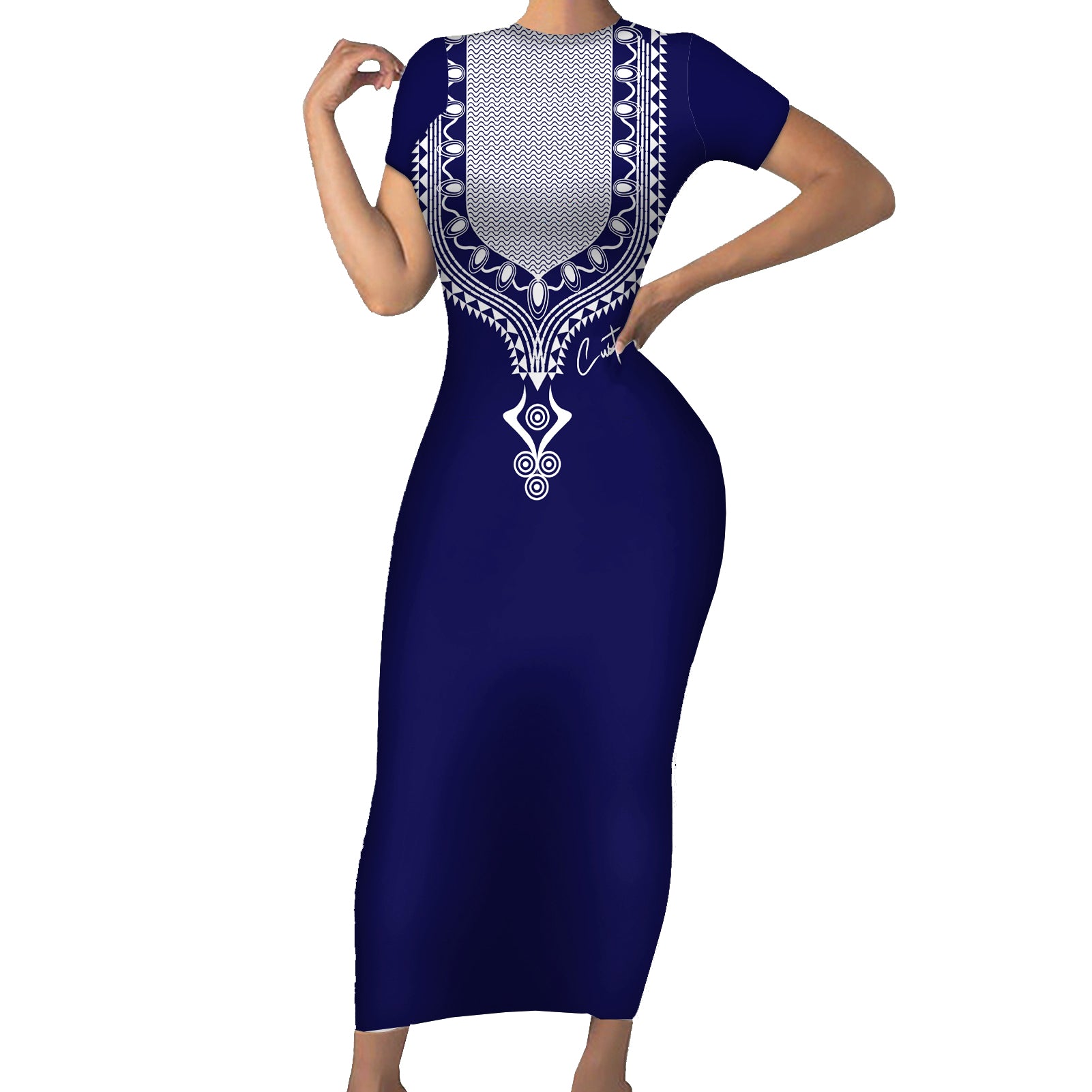 Printed Dashiki African Short Sleeve Bodycon Dress Blue - Wonder Print Shop