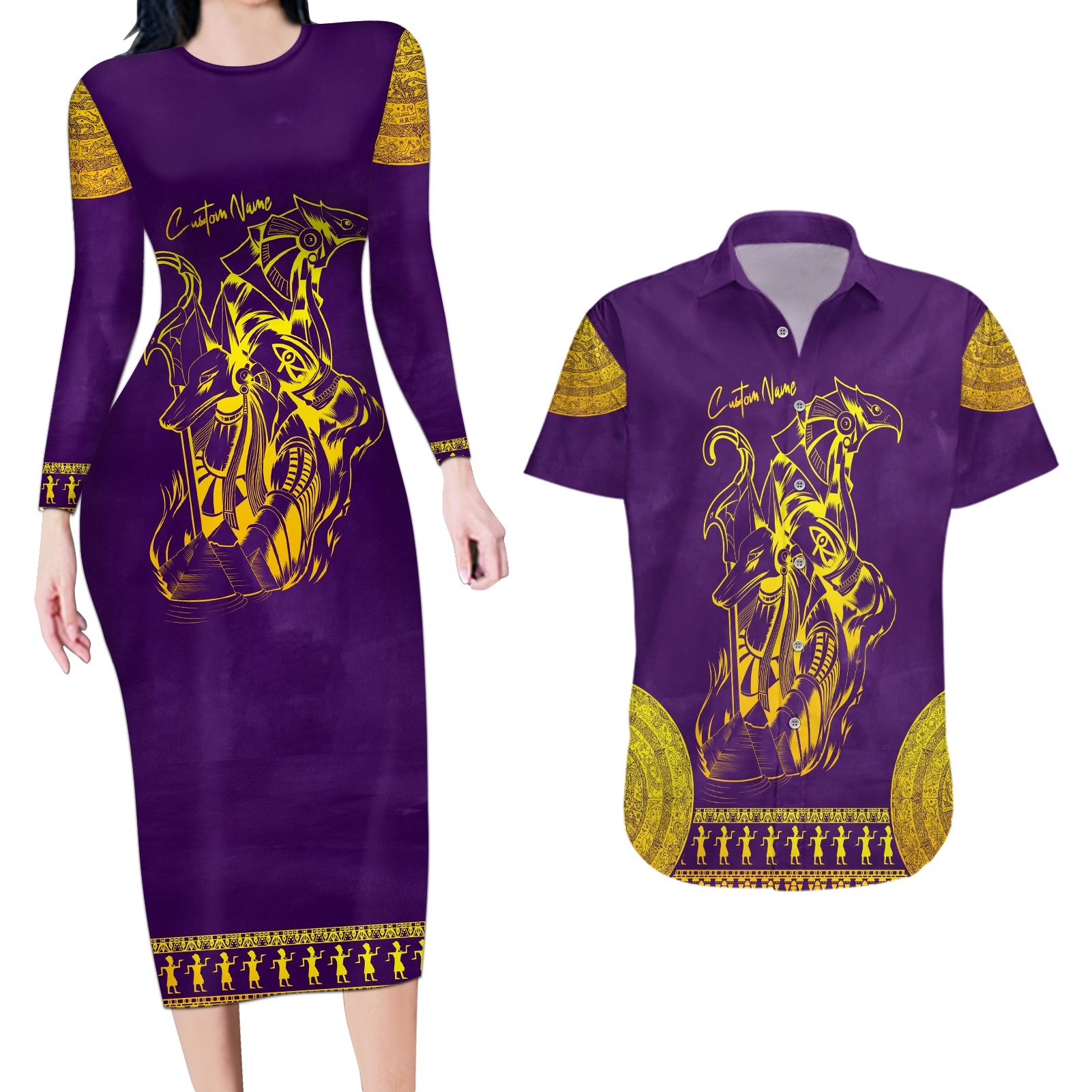 Anubis and Horus Couples Matching Long Sleeve Bodycon Dress and Hawaiian Shirt Egyptian God Purple