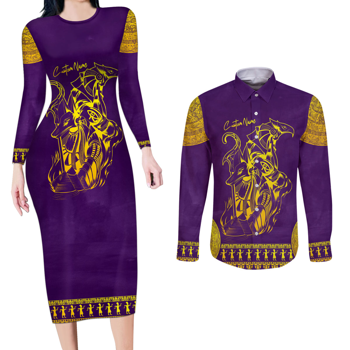 Anubis and Horus Couples Matching Long Sleeve Bodycon Dress and Long Sleeve Button Shirt Egyptian God Purple - Wonder Print Shop