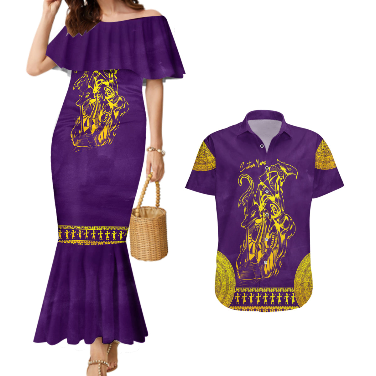 Anubis and Horus Couples Matching Mermaid Dress and Hawaiian Shirt Egyptian God Purple
