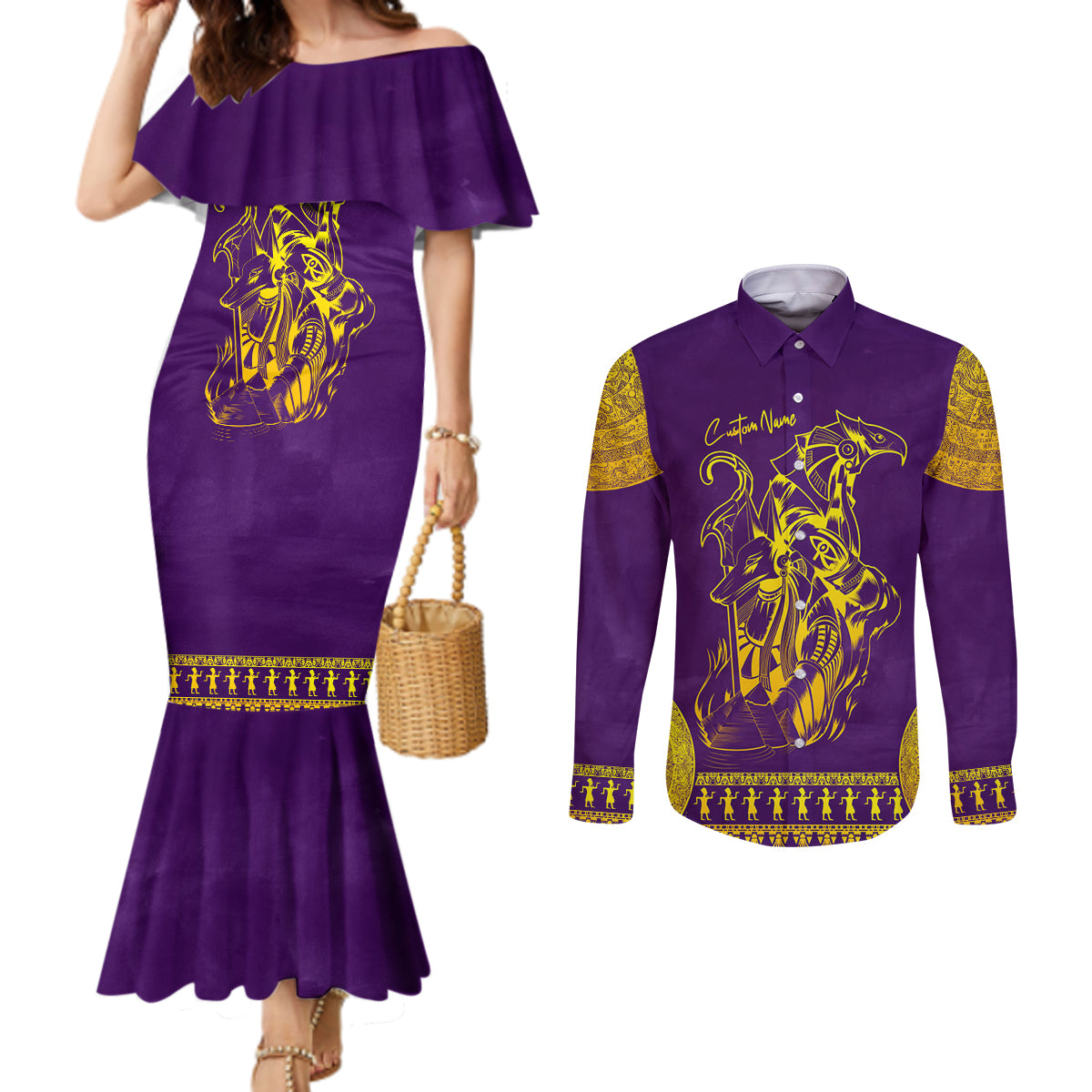 Anubis and Horus Couples Matching Mermaid Dress and Long Sleeve Button Shirt Egyptian God Purple
