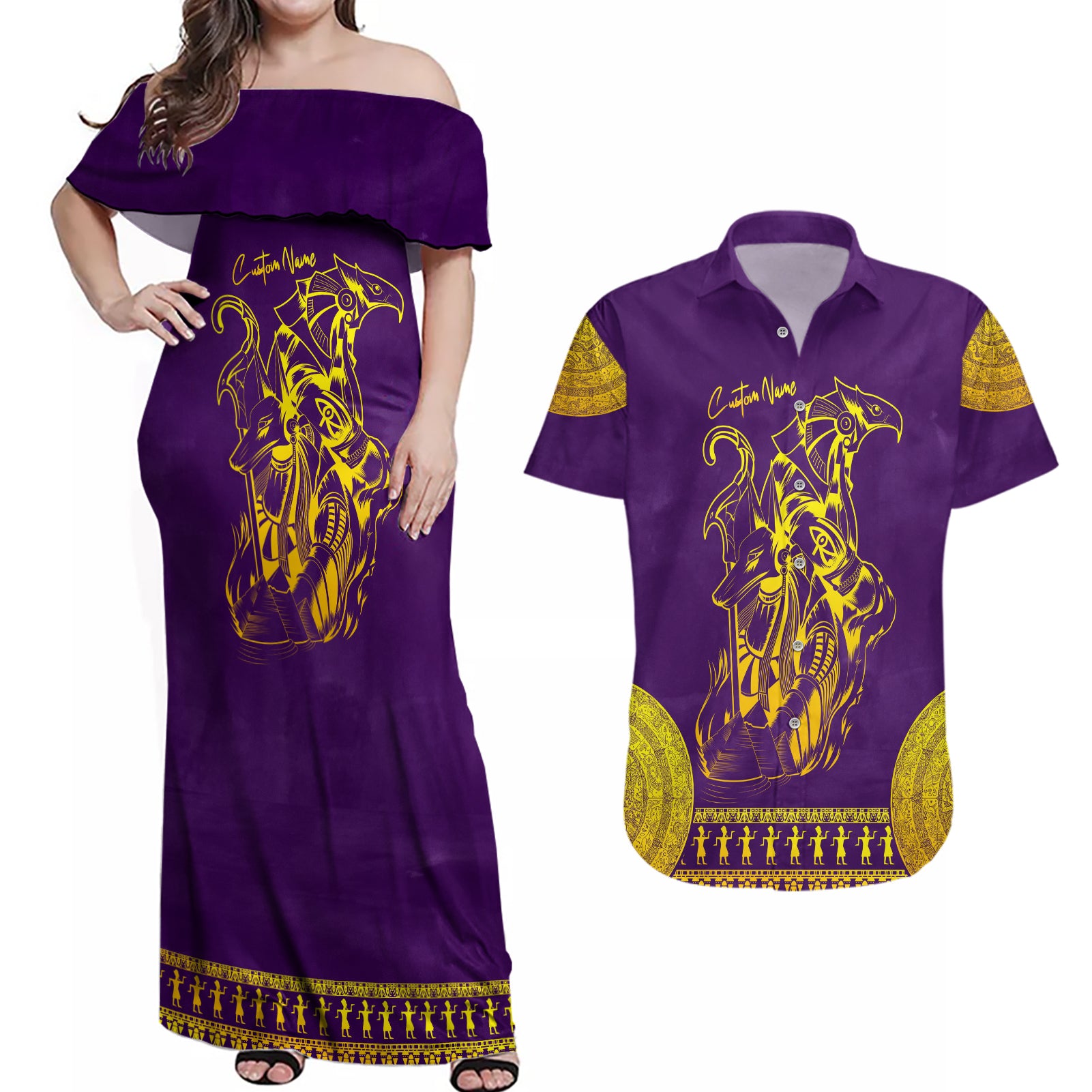 Anubis and Horus Couples Matching Off Shoulder Maxi Dress and Hawaiian Shirt Egyptian God Purple