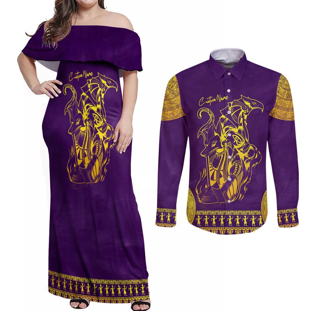 Anubis and Horus Couples Matching Off Shoulder Maxi Dress and Long Sleeve Button Shirt Egyptian God Purple