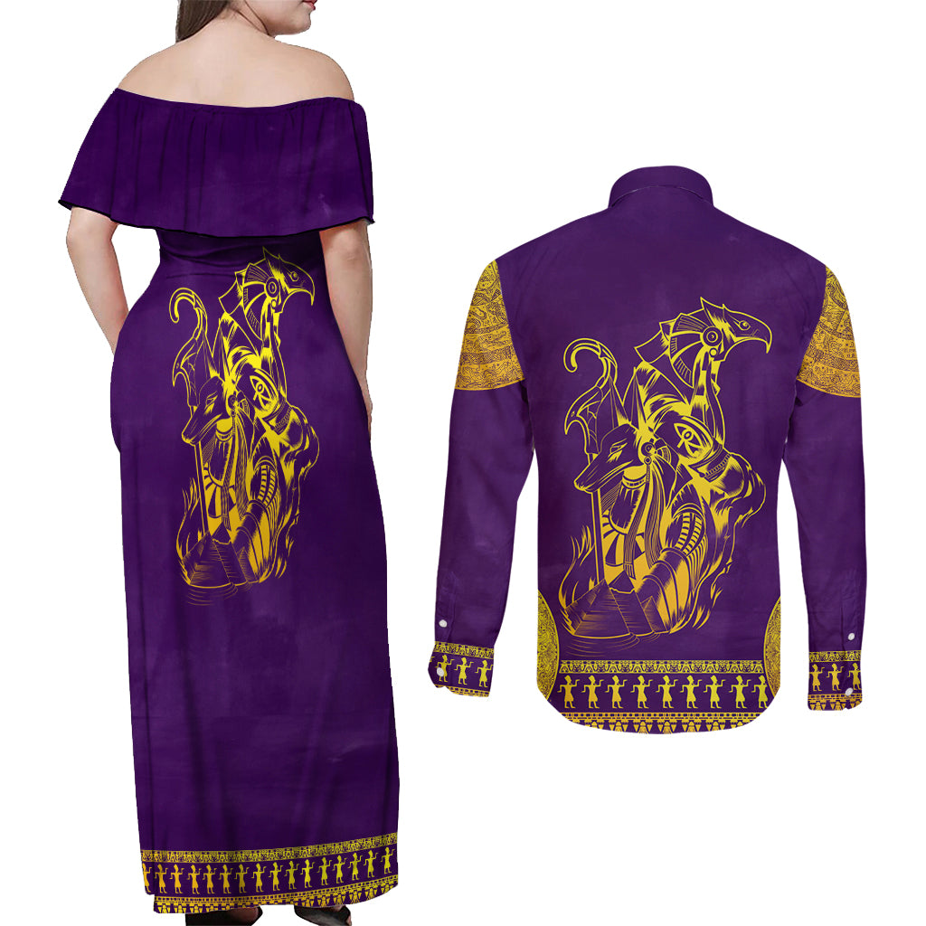 Anubis and Horus Couples Matching Off Shoulder Maxi Dress and Long Sleeve Button Shirt Egyptian God Purple - Wonder Print Shop